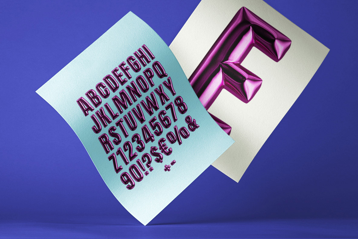 Happy Birthday Font card mockup Blue scene with a character sheet and a large foil letter from the Happy Birthday Font