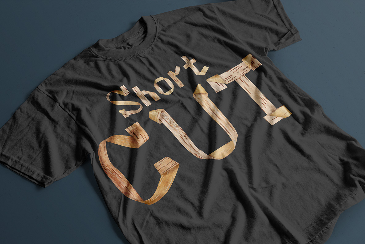 Black t-shirt with Birch Curl Font. Wooden OpenType Typeface Made By Handmade Font