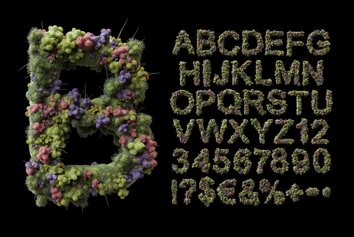 Virus Font letter B and character chart Large colony letter B of the Virus Font beside the full character chart on black