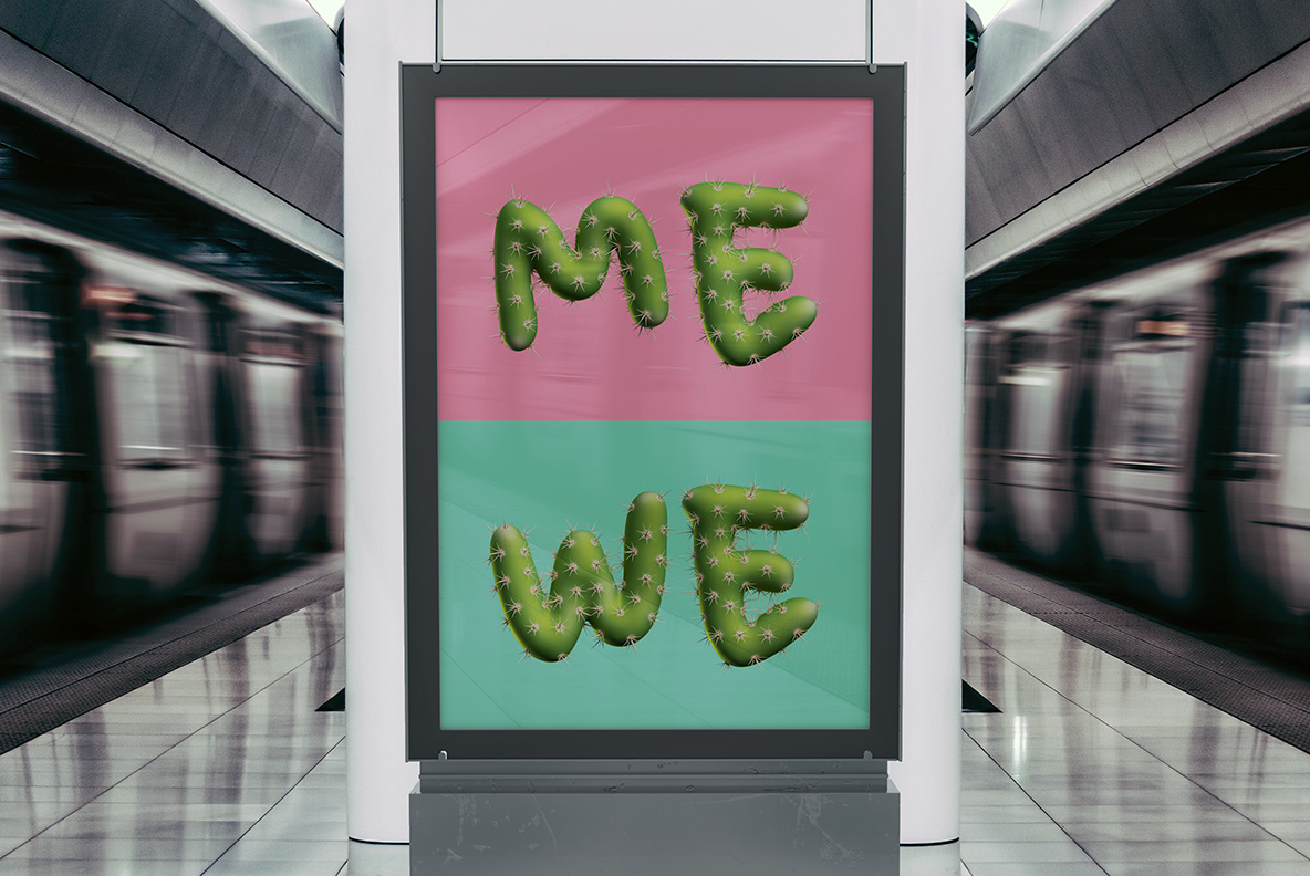 Subway billboard with Texas Cactus Font. Sharp OpenType Typeface Made By Handmade Font