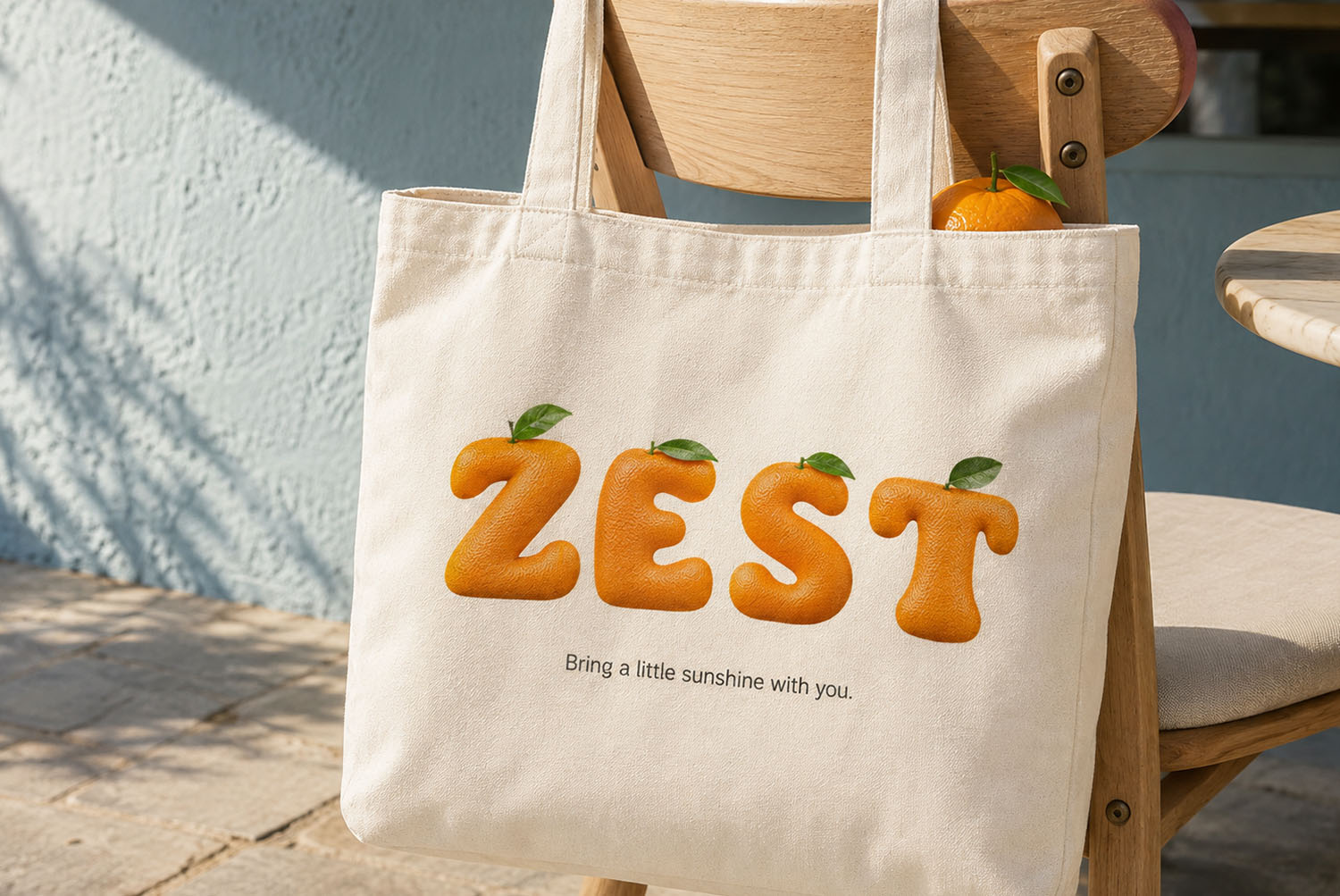 Orange Font Tote Bag Mockup orange font ZEST printed on a canvas tote bag