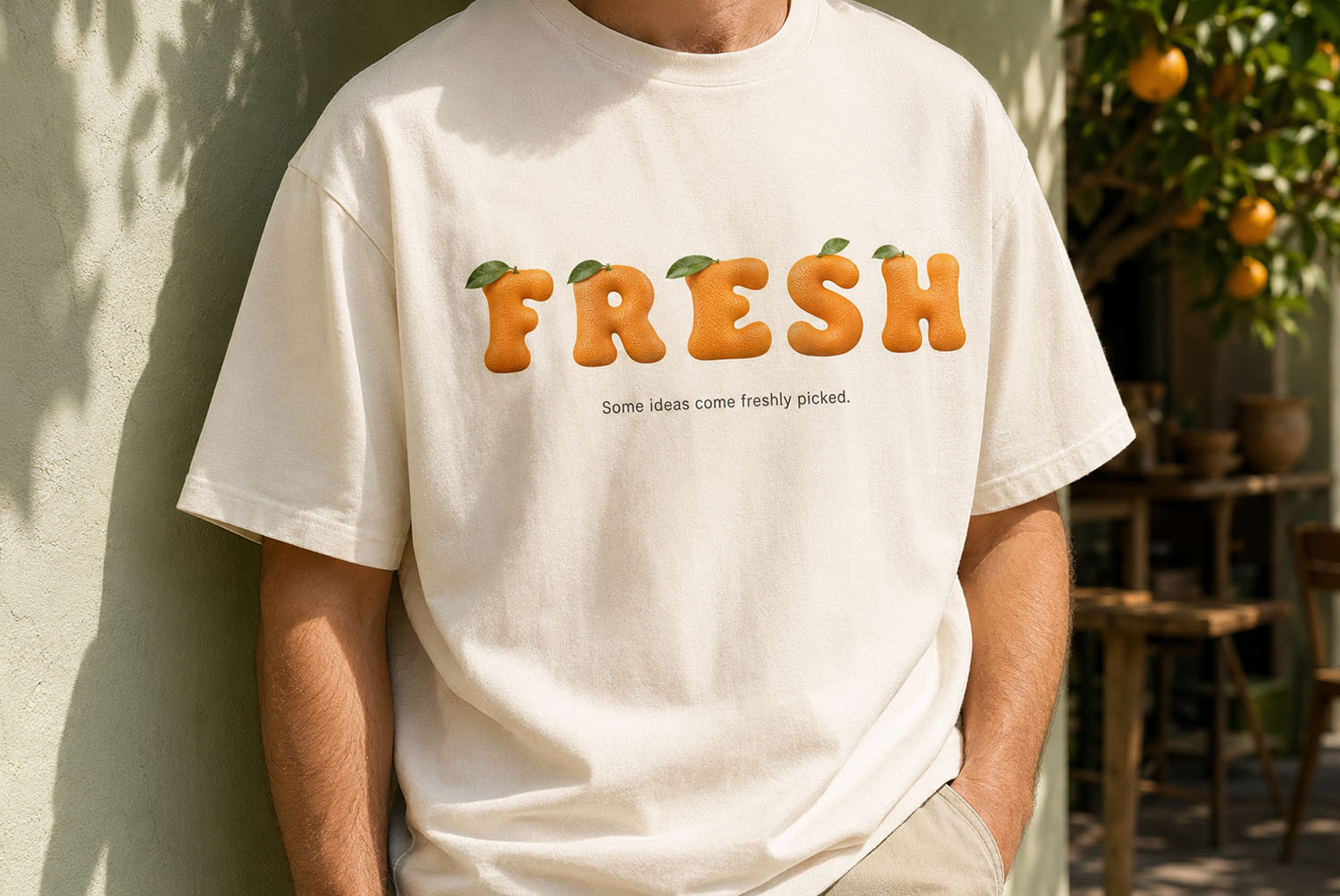 Orange Font T-Shirt Mockup orange font FRESH printed on a t-shirt
