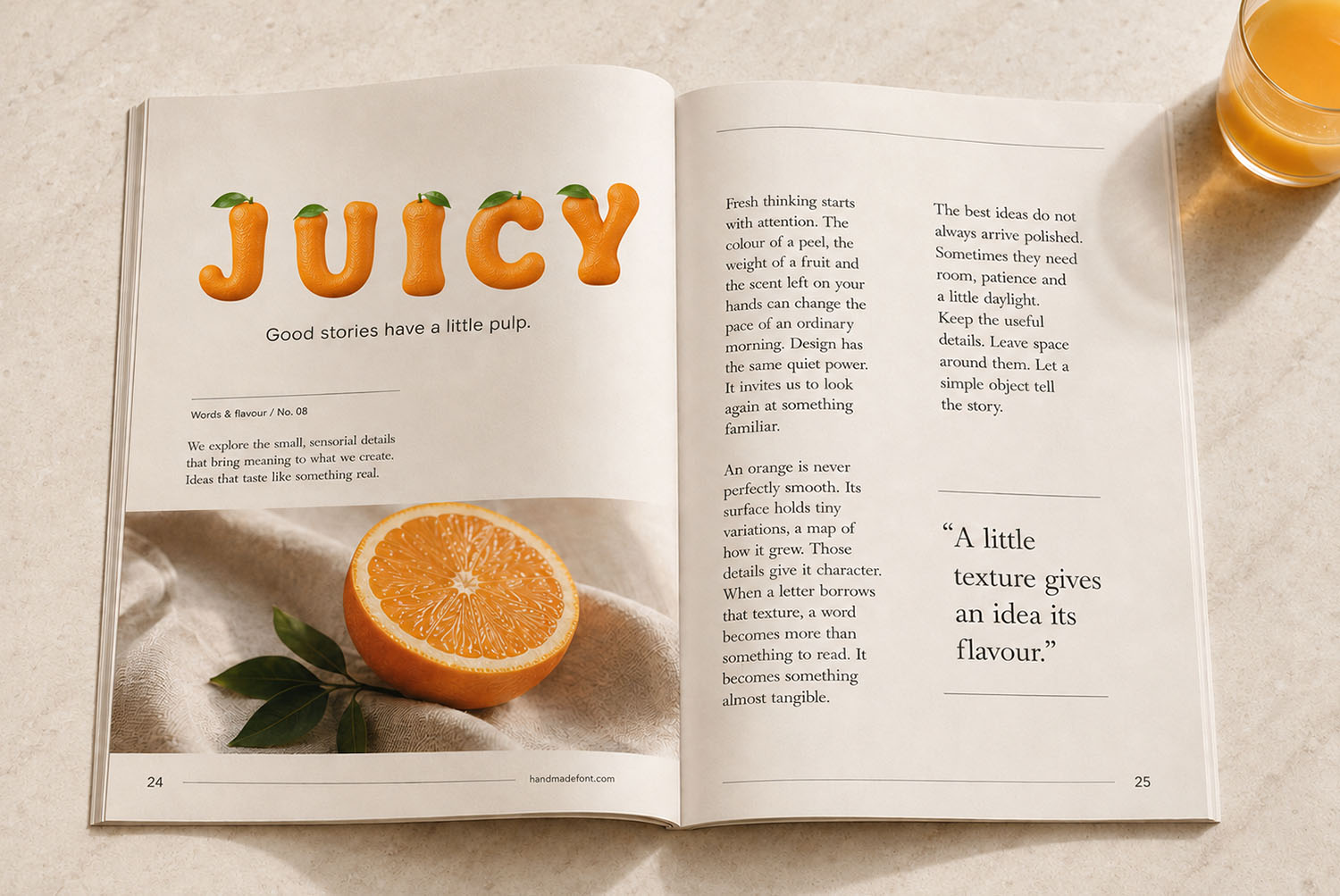 Orange Font Magazine Spread Mockup orange font JUICY headline in a magazine layout