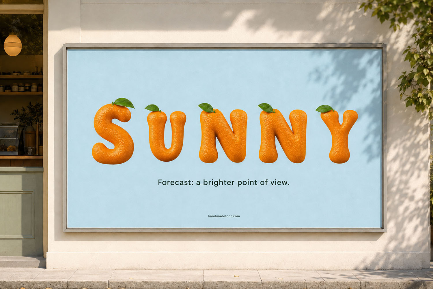 Orange Font Storefront Billboard Mockup orange font SUNNY billboard on a shop wall