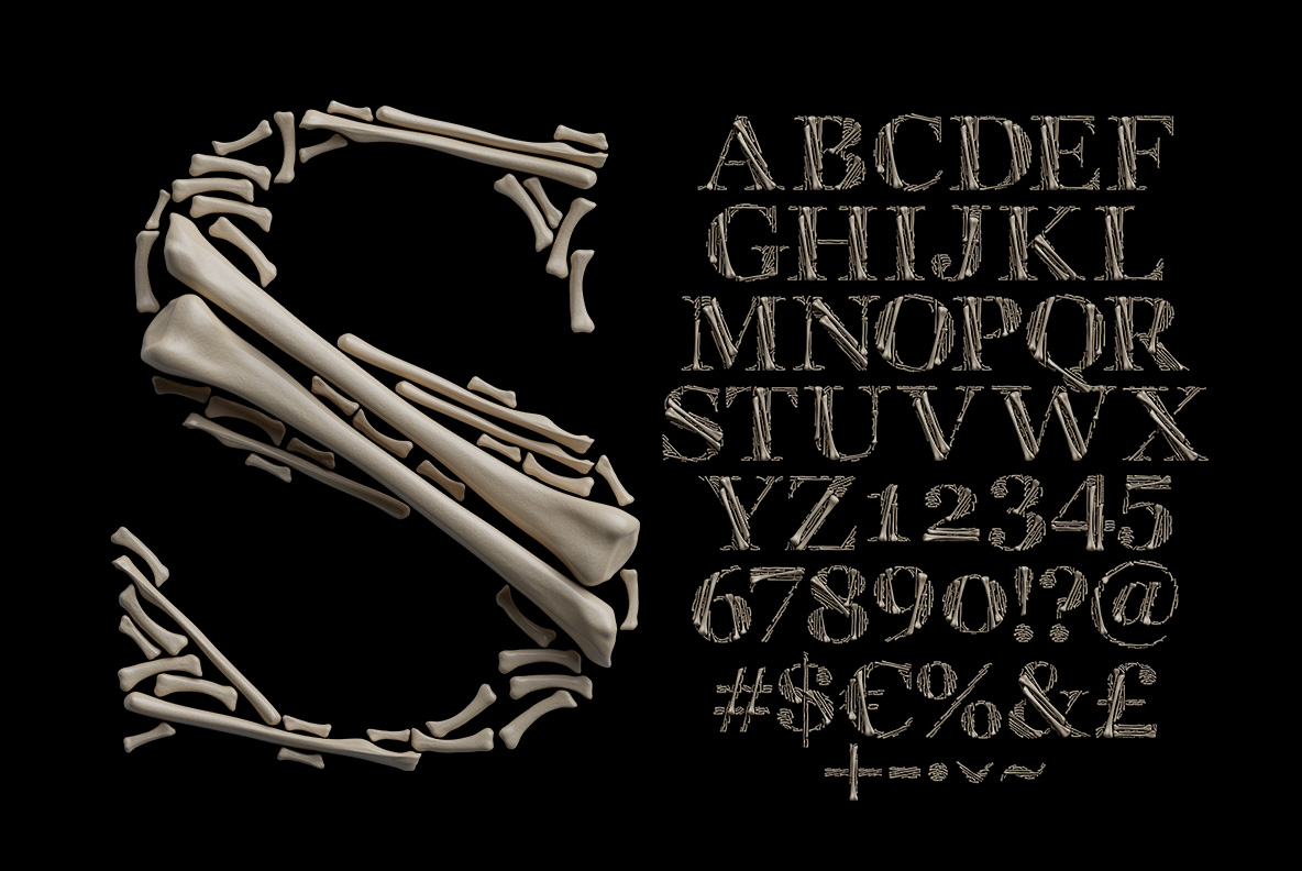 Alphabet of the Archaeology Font Bones OpenType Typeface Made By Handmade Font