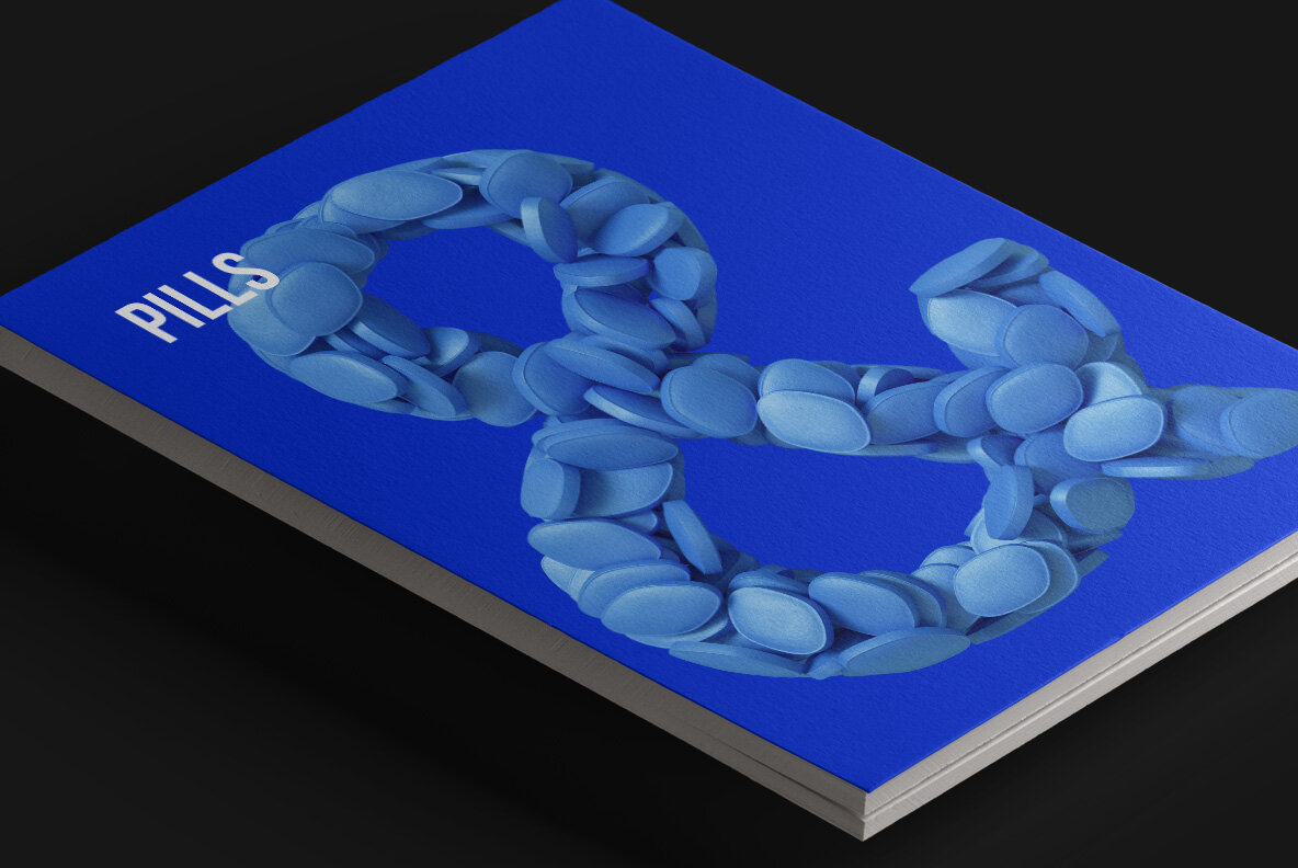 Blue catalogue cover with the blue Viagra pills Alphabet.