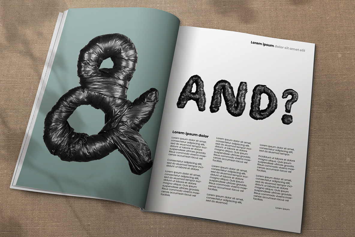 Opened magazine with Black Garbage Bag Font. Trash OpenType Typeface Made By Handmade Font