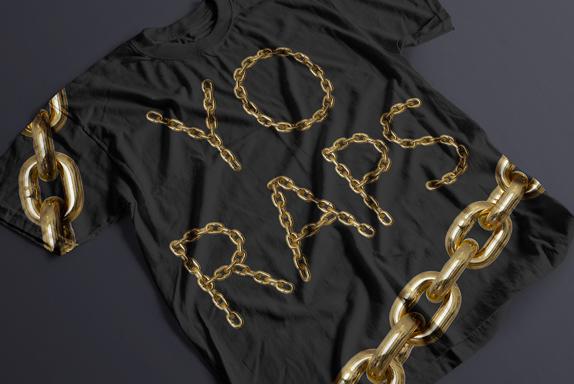 Black t-shirt with Gold Chain Font. Glamorous OpenType Typeface Made By Handmade Font