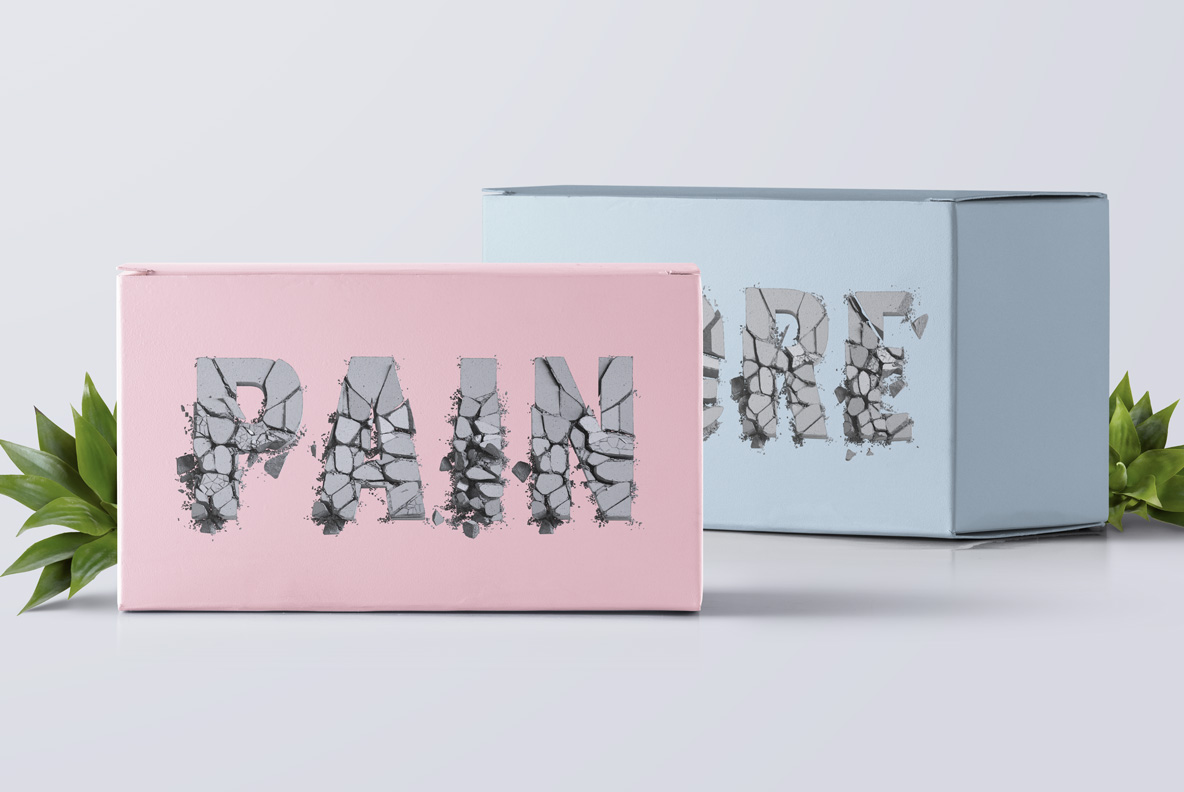 Fall of the Concrete Font packaging mockup Pink and blue boxes printed with a short word in the Fall of the Concrete Font