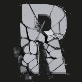 Fall of the Concrete Font letter R Capital R of the Fall of the Concrete Font splitting into grey fragments