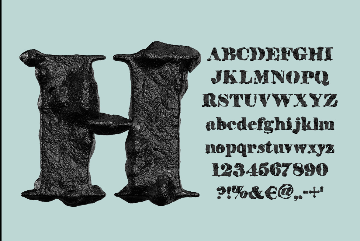 Black Stone Font letter H with character set Letter H of the Black Stone Font beside its character set on a mint ground
