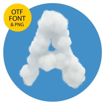 Letter A of the White Cloud Font on a blue circle with the OTF and PNG badge