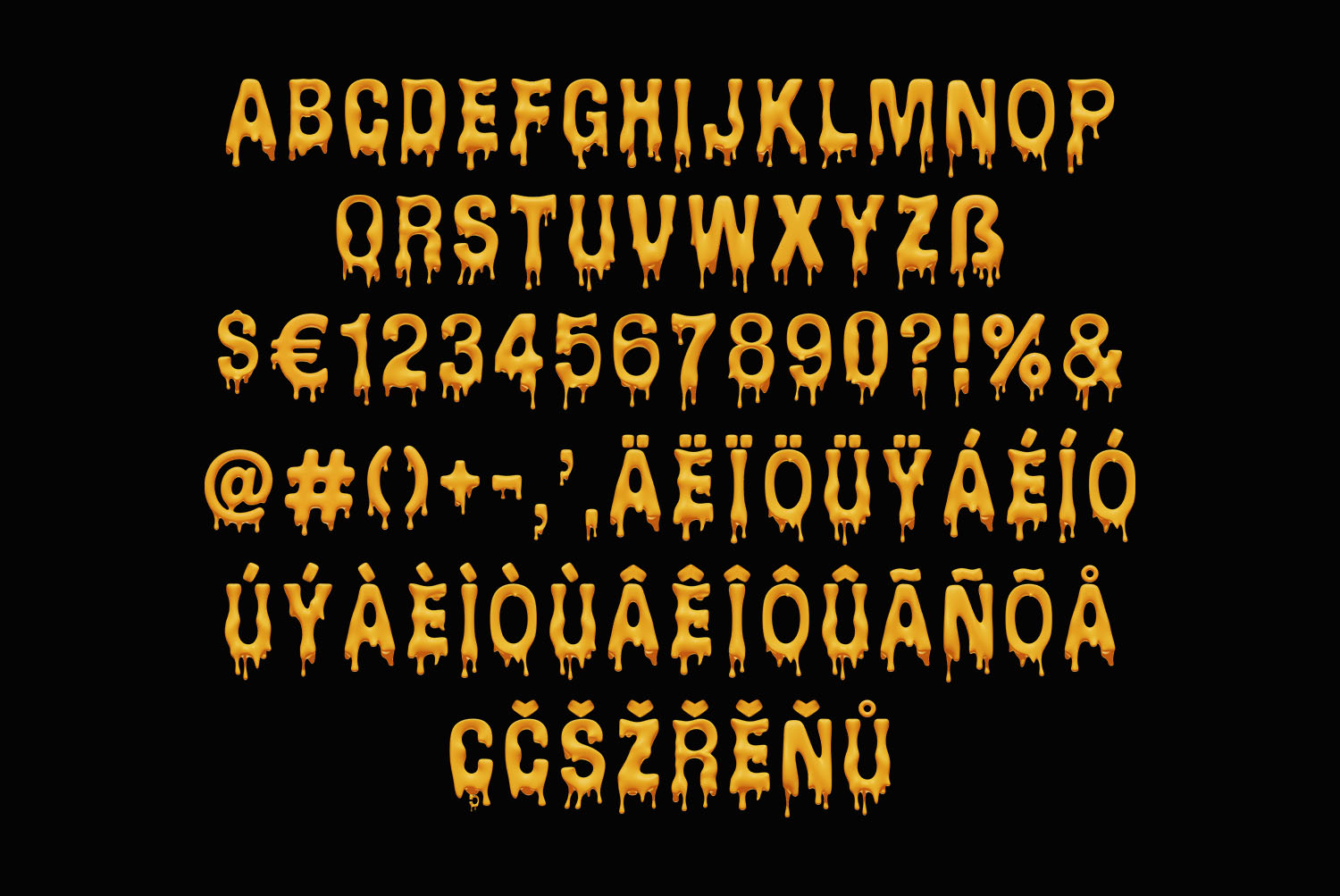 Melting Font Alphabet on Black Melting Font alphabet, figures and accented capitals dripping on a black background
