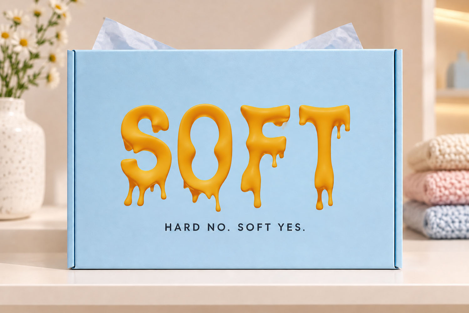 Melting Font SOFT Gift Box Pale blue gift box with SOFT in the Melting Font beside folded towels