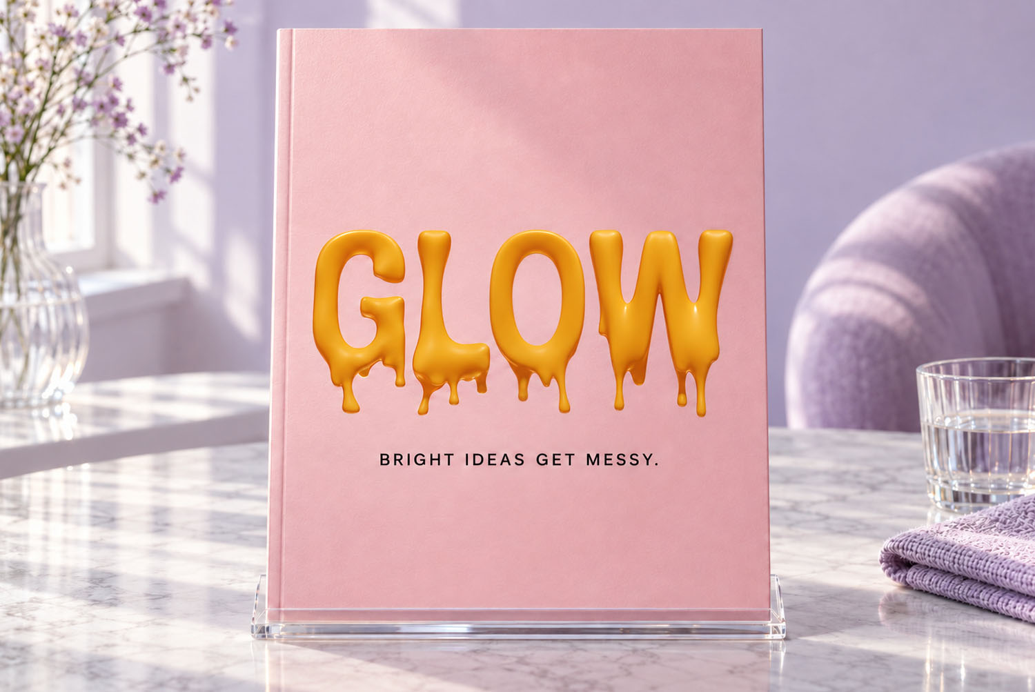 Melting Font GLOW Card Pink card reading GLOW in the Melting Font on a bright table with a glass of water