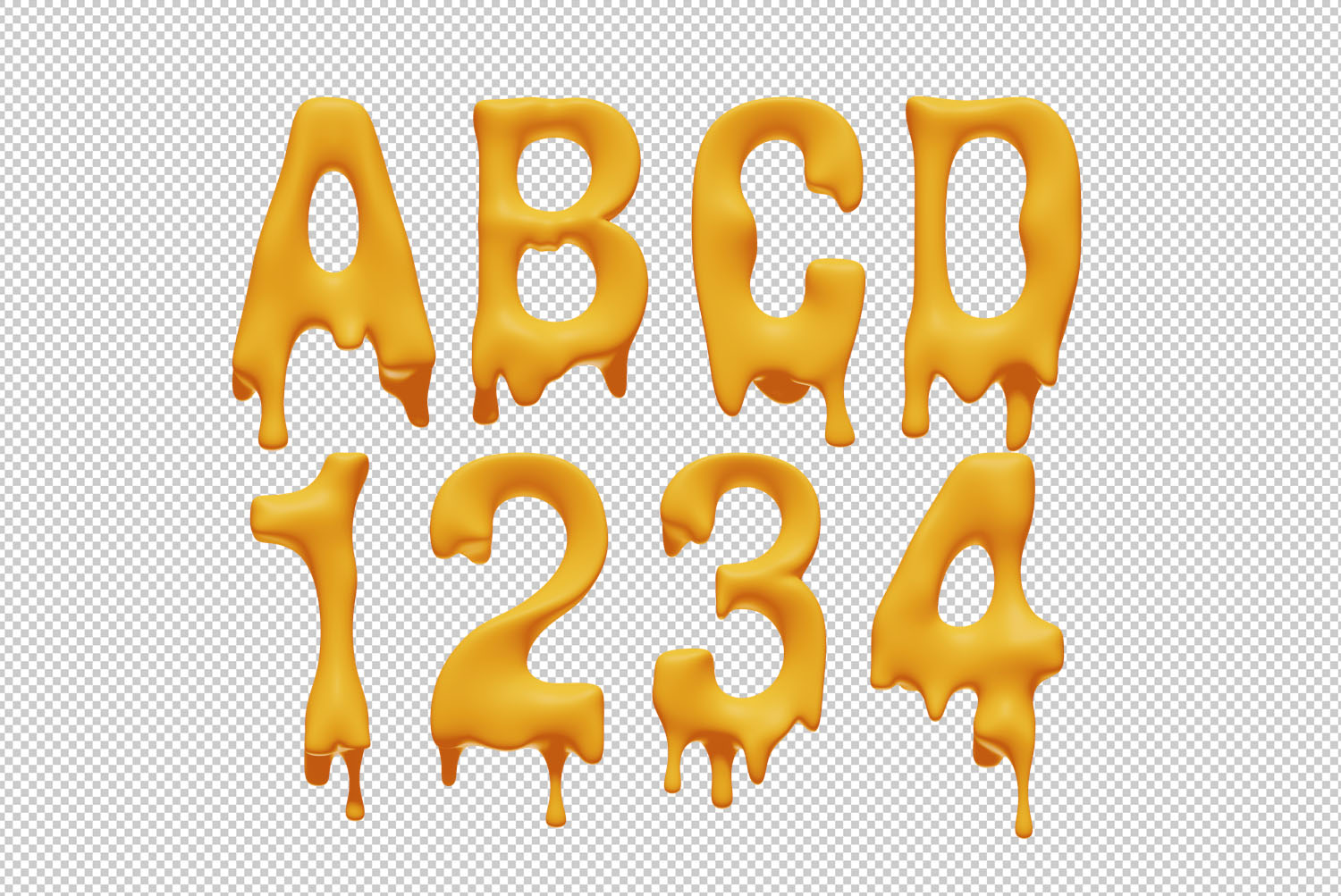 Melting Font Transparent PNG Letters Transparent PNG letters ABCD 1234 from the Melting Font on a checkerboard background