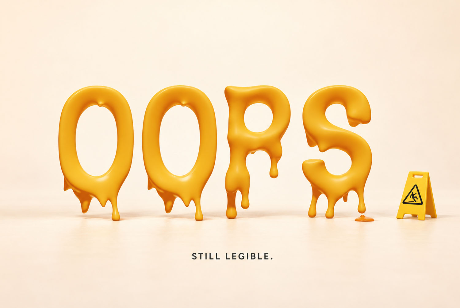 Melting Font OOPS with a Wet Floor Sign OOPS in the Melting Font on cream beside a small yellow wet-floor sign