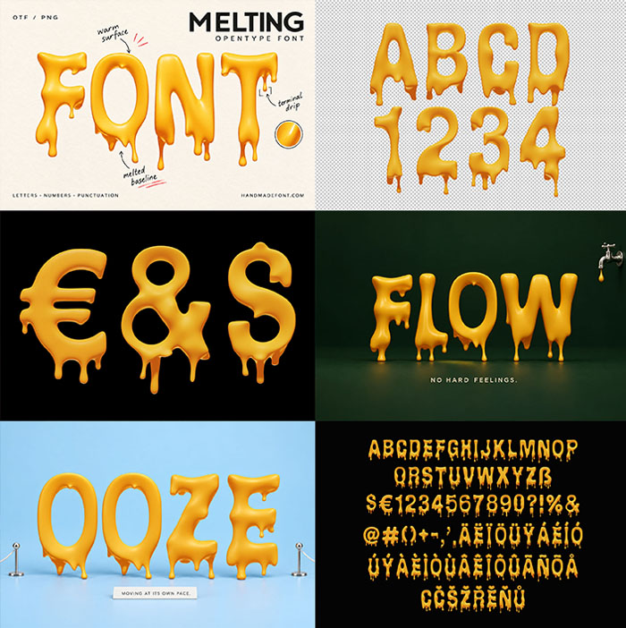 Melting Font preview collage with the FONT cover, ABCD 1234, euro ampersand and dollar, FLOW, OOZE and the character set