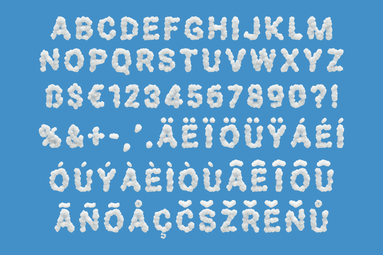 White Cloud Font Character Set on Blue Full character set of the White Cloud Font with accents, numbers and punctuation in white cloud letters on blue