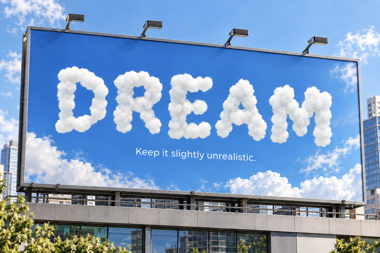 DREAM Billboard in the White Cloud Font DREAM spelled in White Cloud Font letters on a city billboard against a blue sky