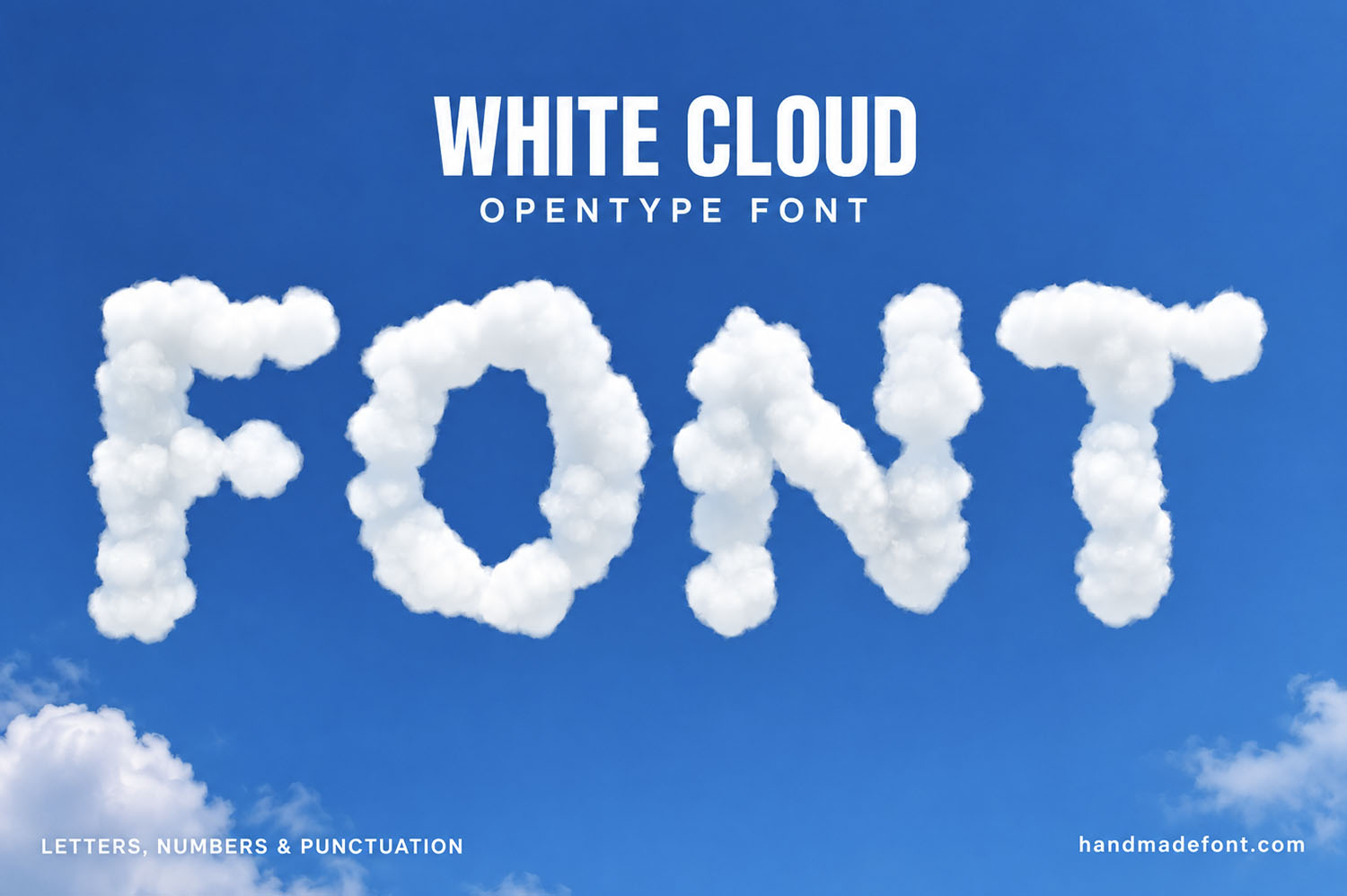 White Cloud Font Cover on Blue Sky The word FONT built from bright cloud puffs in the White Cloud Font above a blue sky