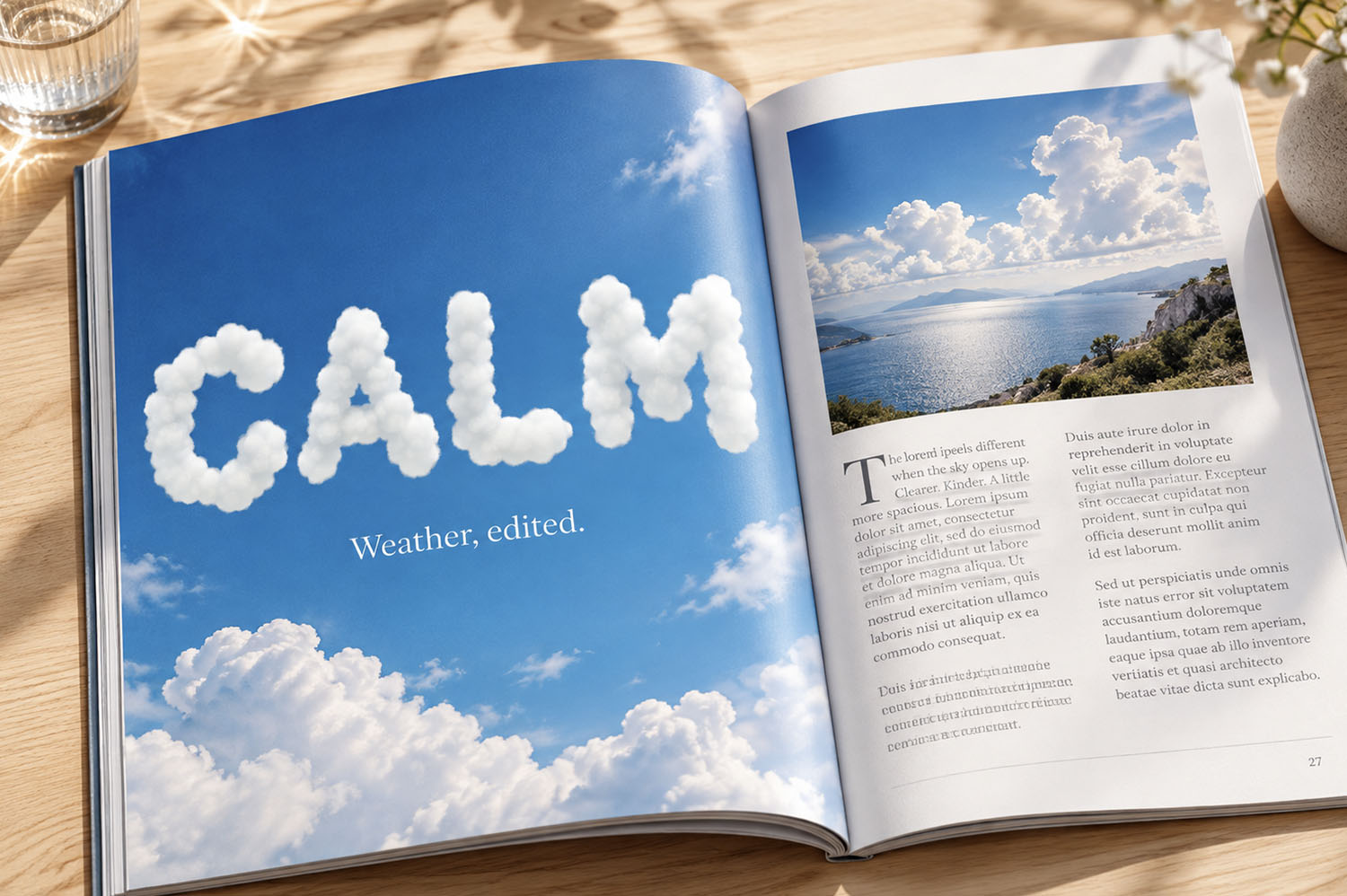 CALM Magazine Spread in the White Cloud Font Open magazine spread with CALM set in the White Cloud Font over a seaside photo