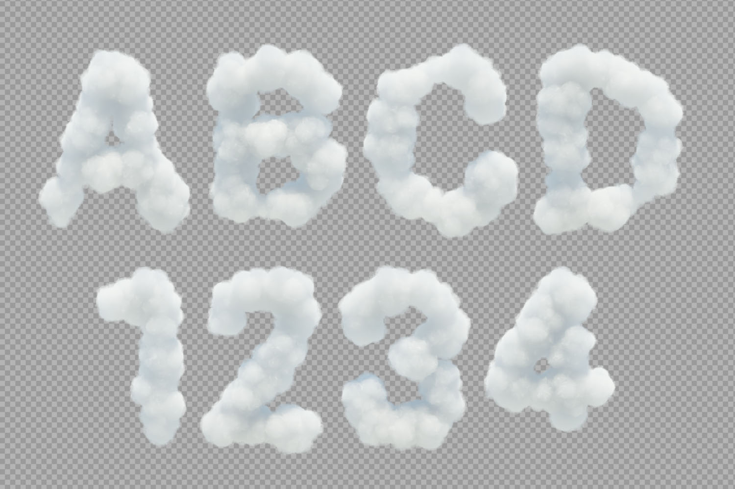 White Cloud Font PNG Letters Transparent PNG letters ABCD and numbers 1234 from the White Cloud Font on a checkerboard