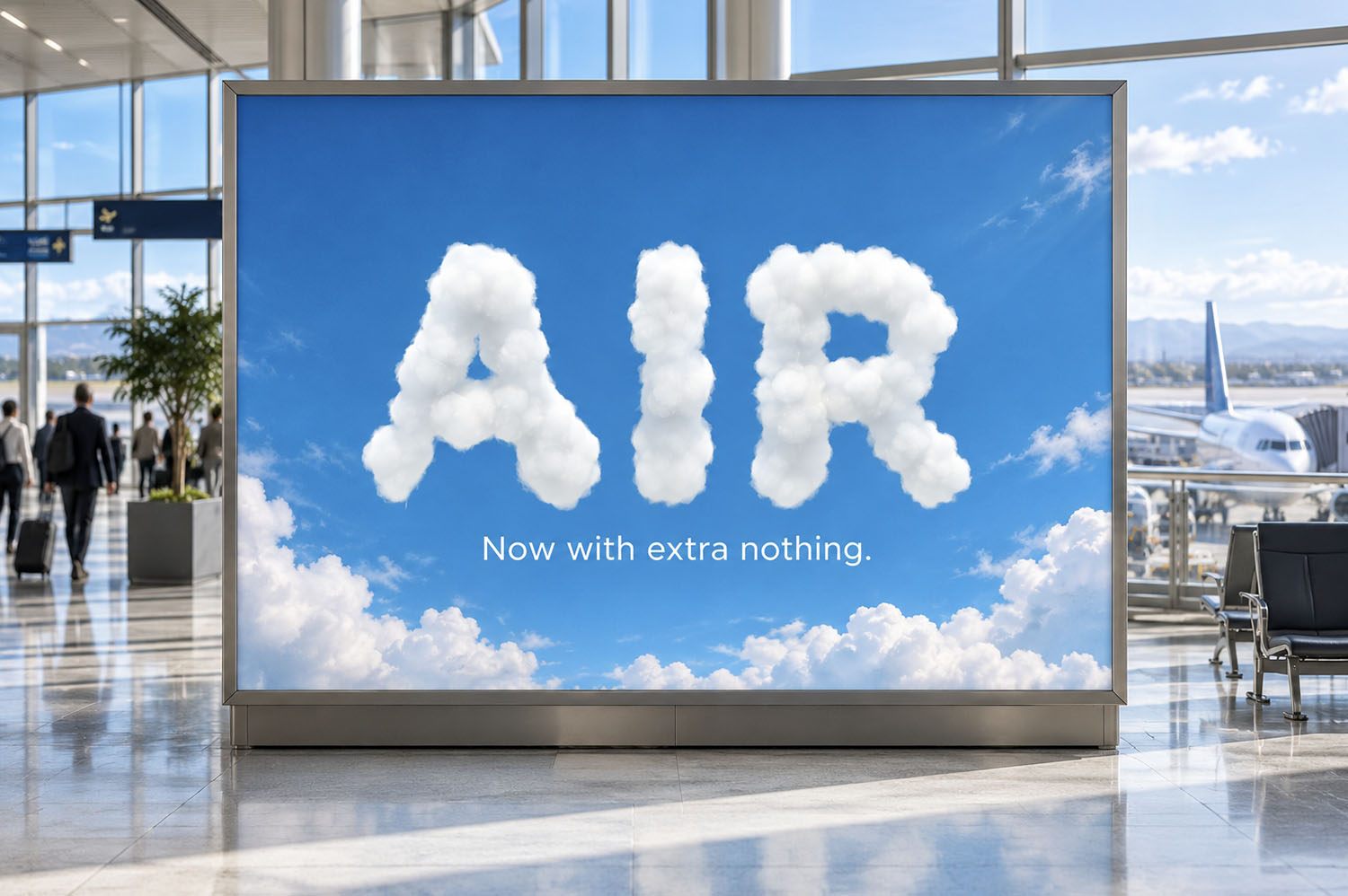 AIR Airport Screen in the White Cloud Font AIR in White Cloud Font letters on a large airport terminal display