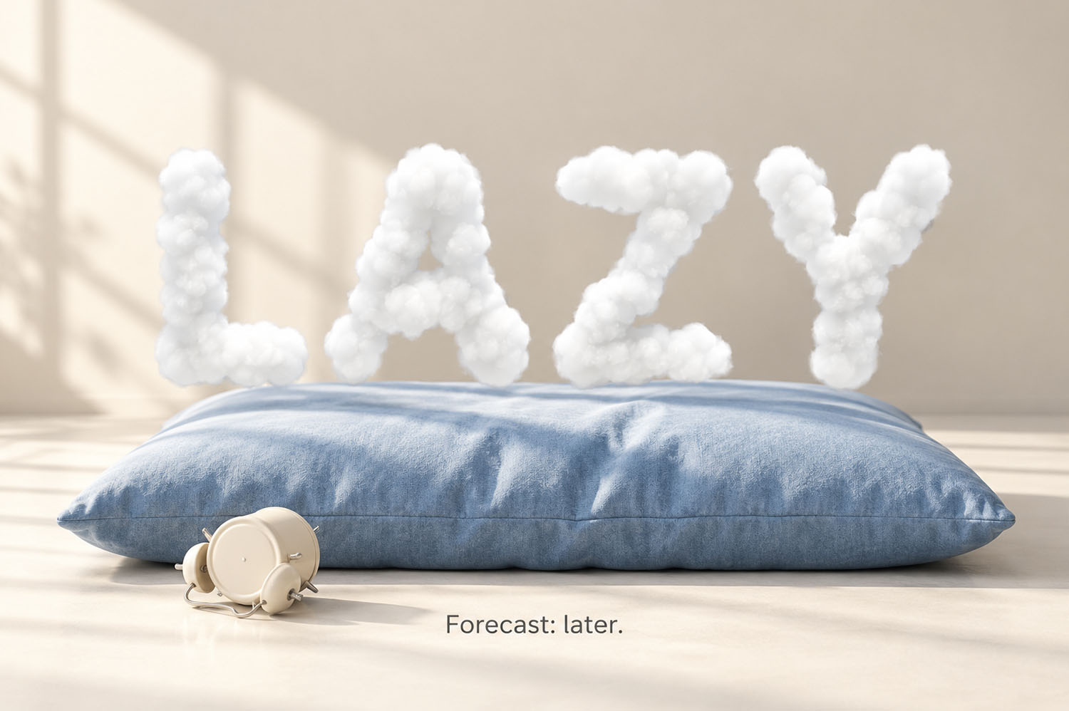 LAZY Above a Pillow in the White Cloud Font LAZY in White Cloud Font letters floating over a blue pillow in a sunny room