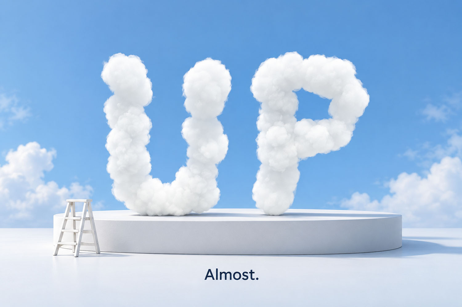 UP on a Podium in the White Cloud Font Tall UP letters from the White Cloud Font on a white podium beside a small ladder