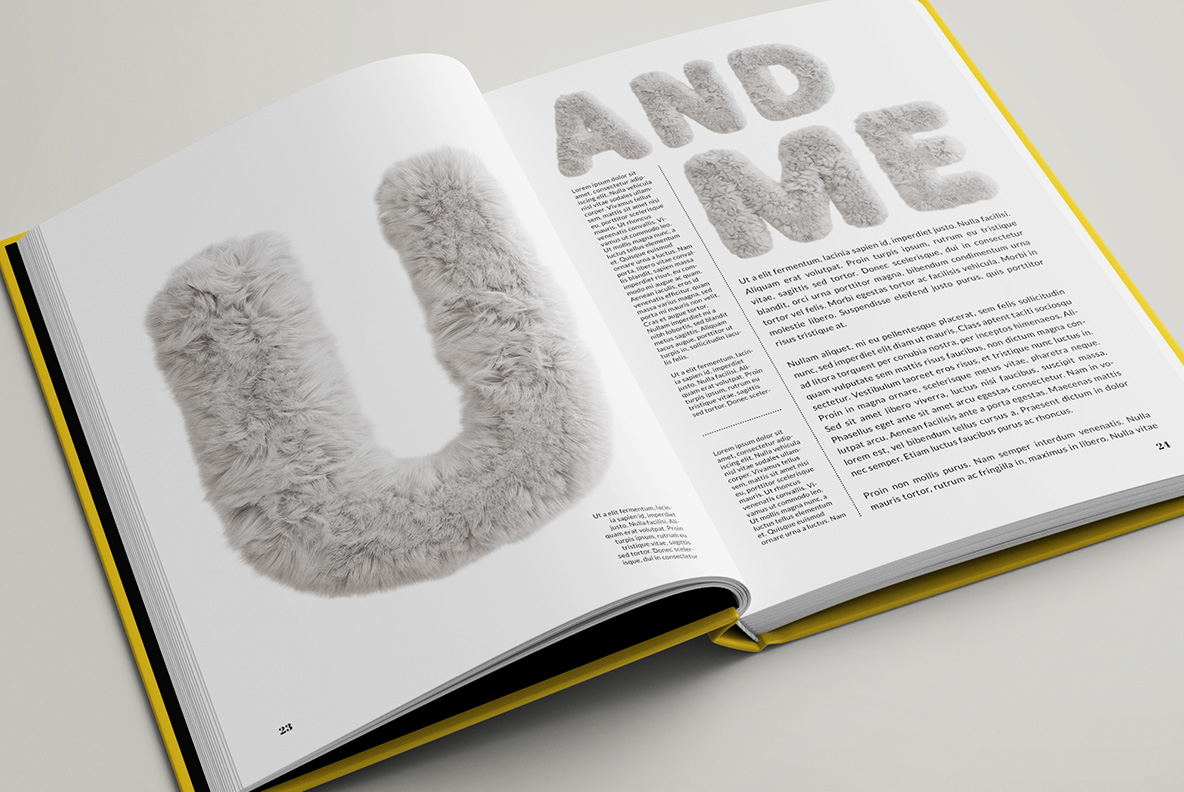 Yeti Font magazine spread mockup Open magazine spread with large Yeti Font fur letters beside columns of text