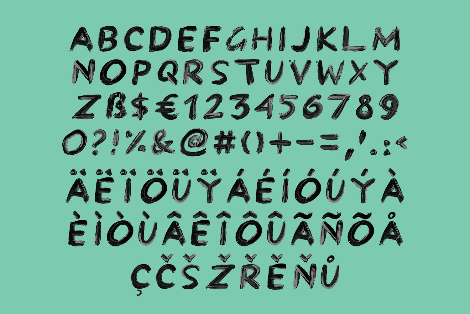 Black Paint Font alphabet sheet Black Paint Font alphabet with digits, accents and punctuation on mint green