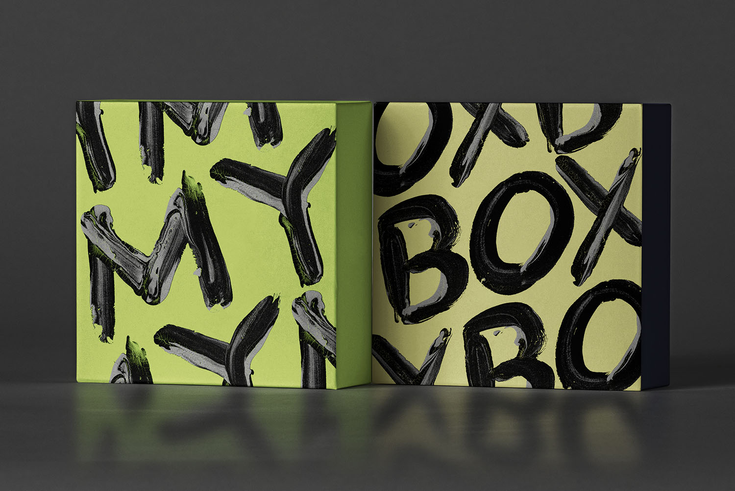 Boxes printed with the Black Paint Font Cardboard boxes stamped with words in the Black Paint Font