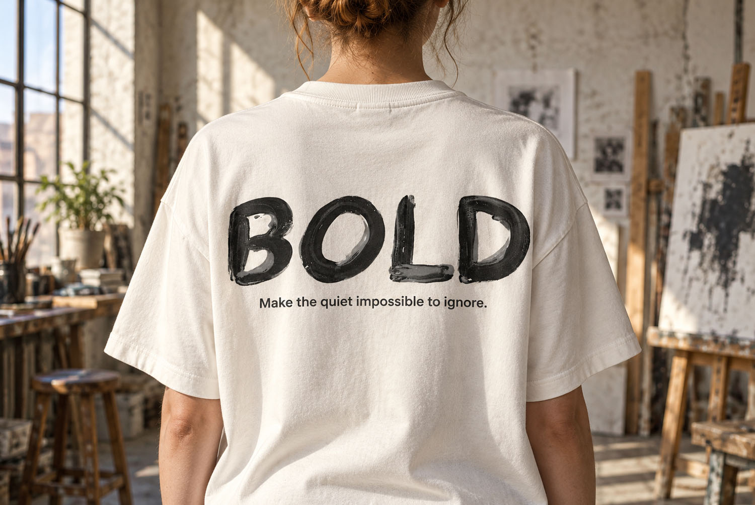 T-shirt printed with the Black Paint Font White t-shirt reading BOLD printed in the Black Paint Font