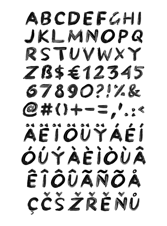 Full alphabet of the Black Paint Font in thick black brush strokes