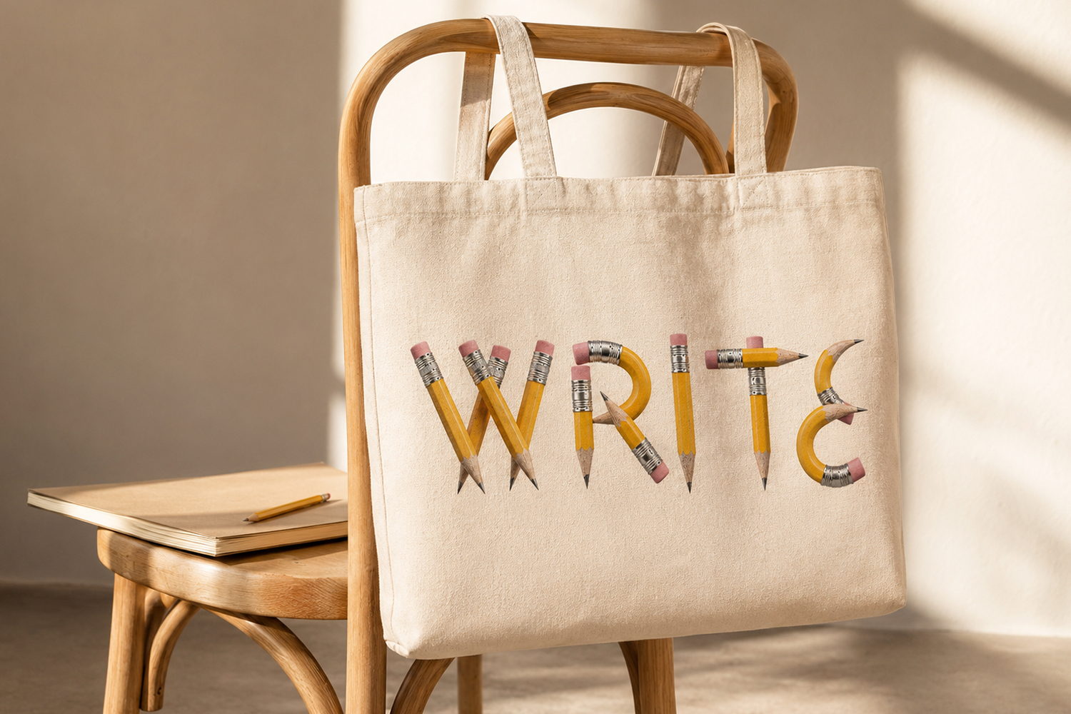 Pencil Font – WRITE Tote Bag Mockup WRITE lettering in Pencil Font printed on a canvas tote bag
