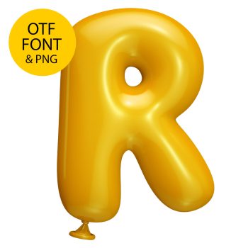 Letter R of the Yellow Balloon Font on a light square with the OTF and PNG badge