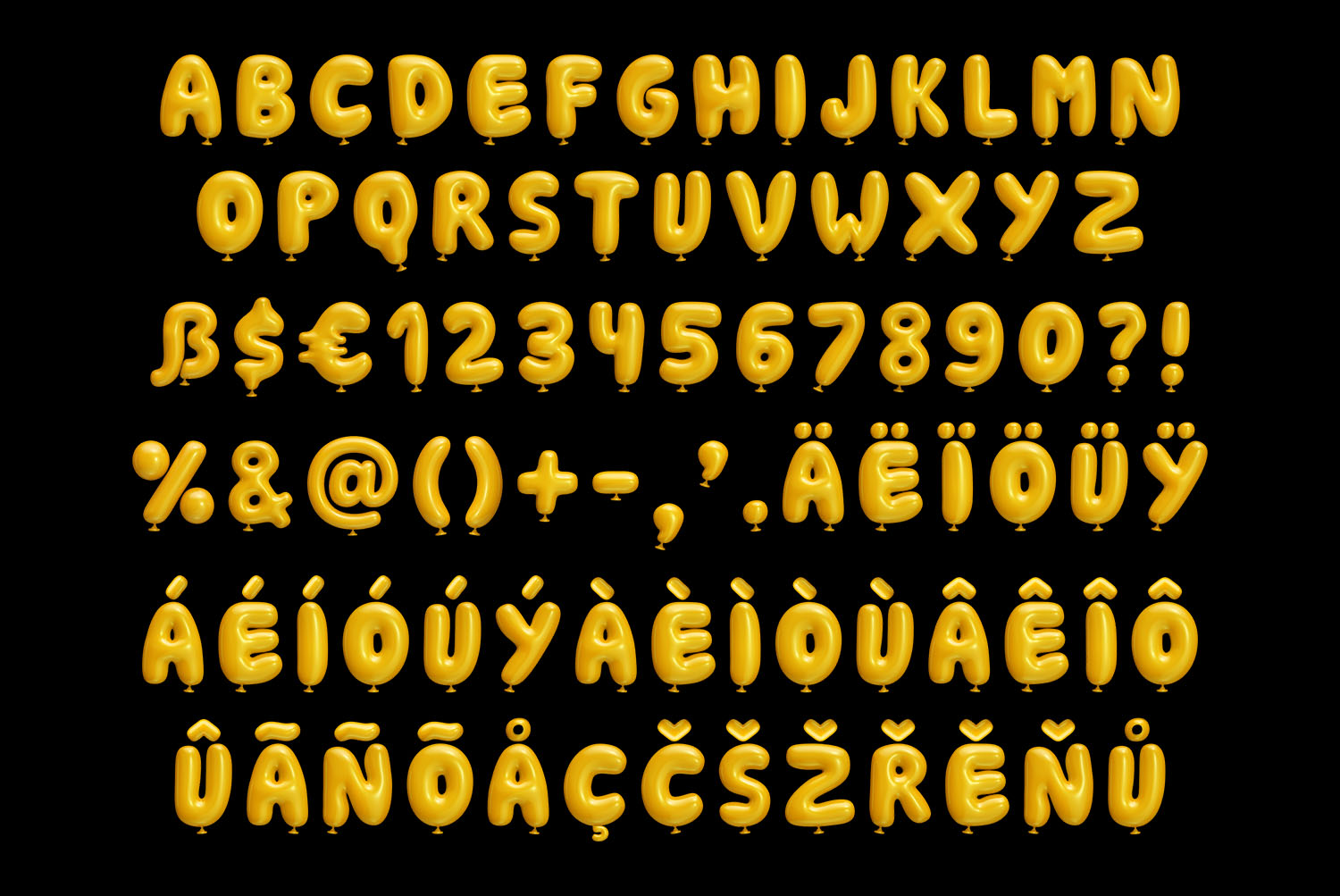 Yellow Balloon Font Alphabet on Black Yellow Balloon Font alphabet, figures and accented capitals glowing golden on a black background