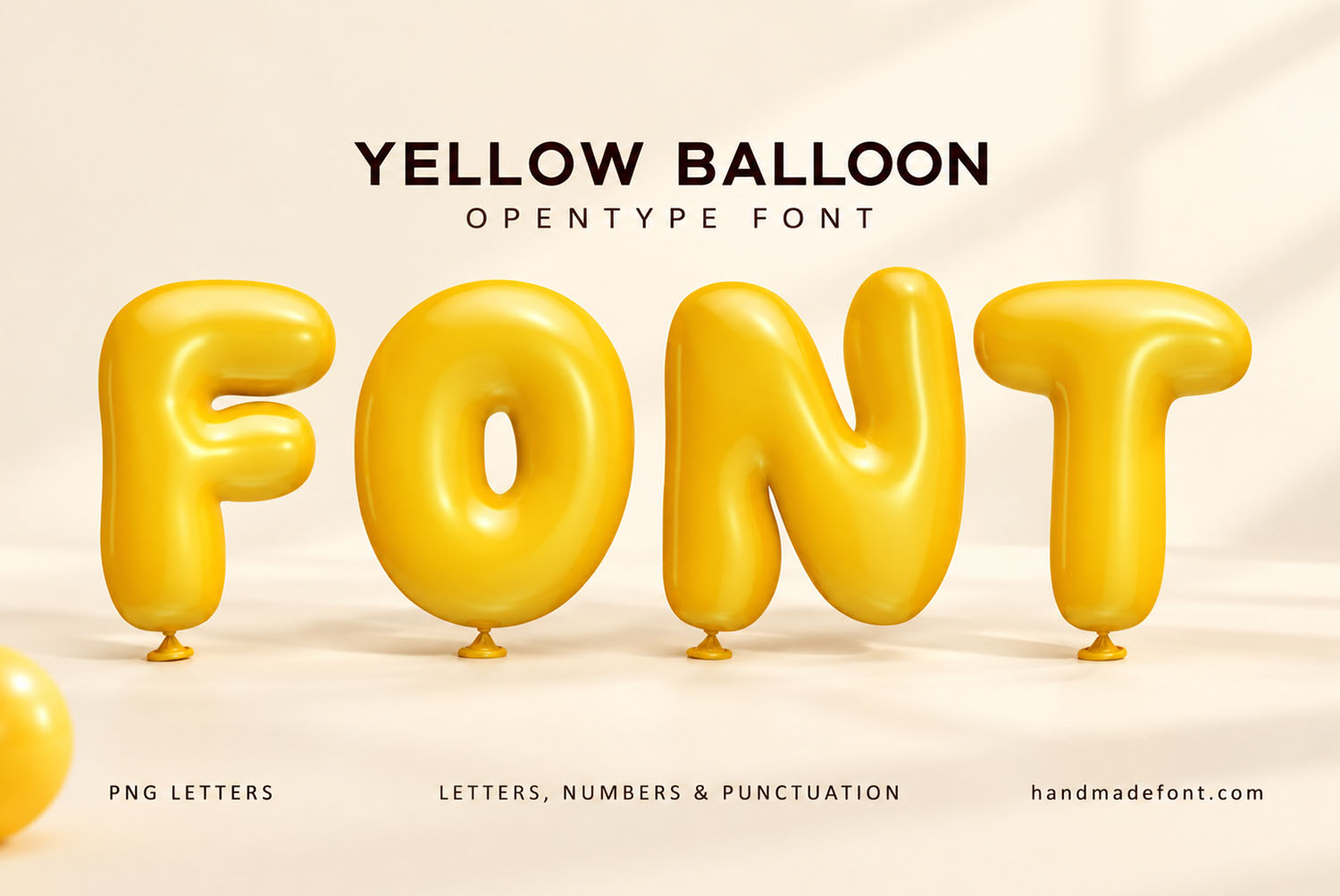 Yellow Balloon Font FONT Cover on Cream Yellow Balloon Font cover with the word FONT in knotted yellow balloon letters on cream