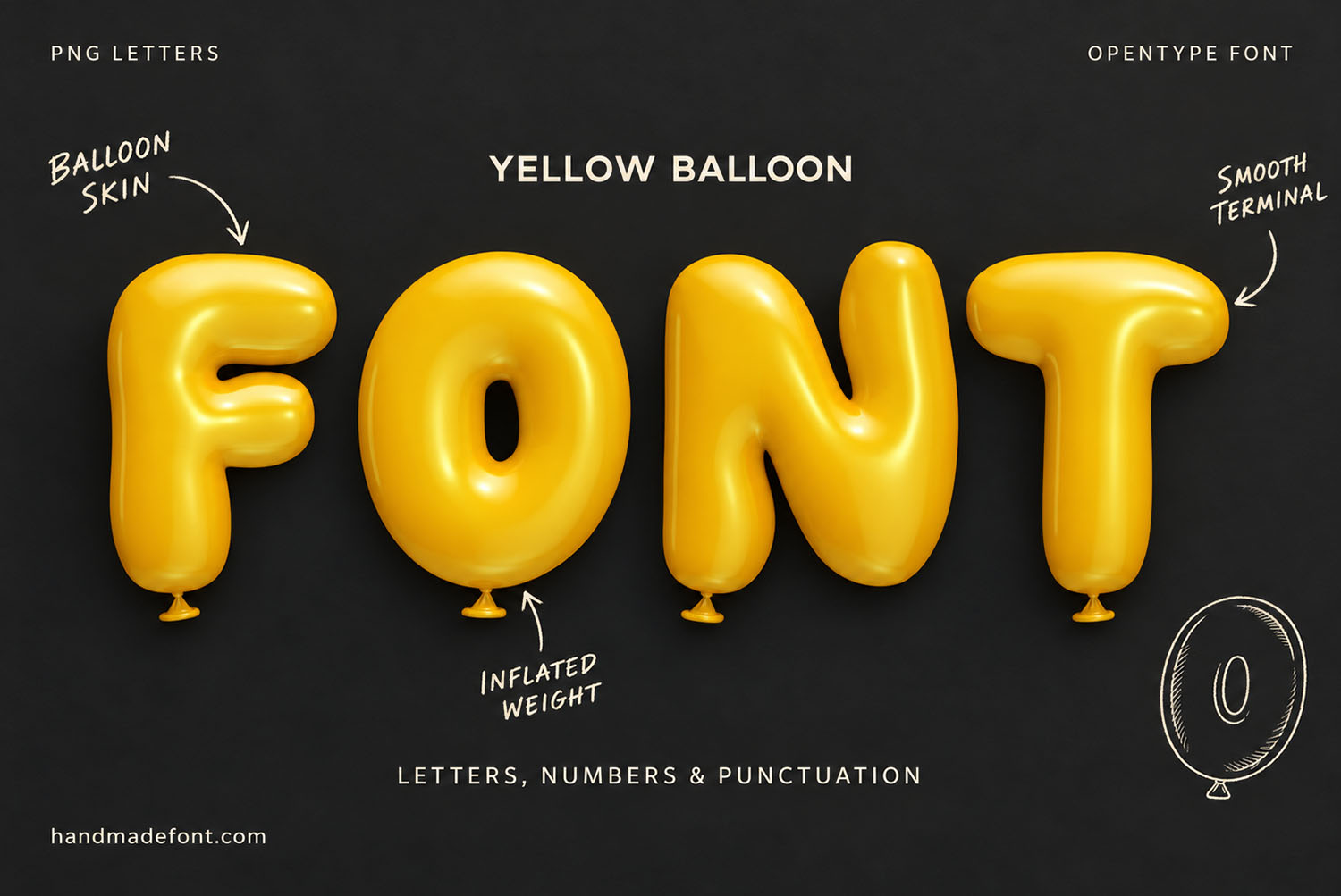 Yellow Balloon Font Annotated Cover on Black Annotated Yellow Balloon Font cover on black with notes on the balloon skin, smooth terminals and inflated weight