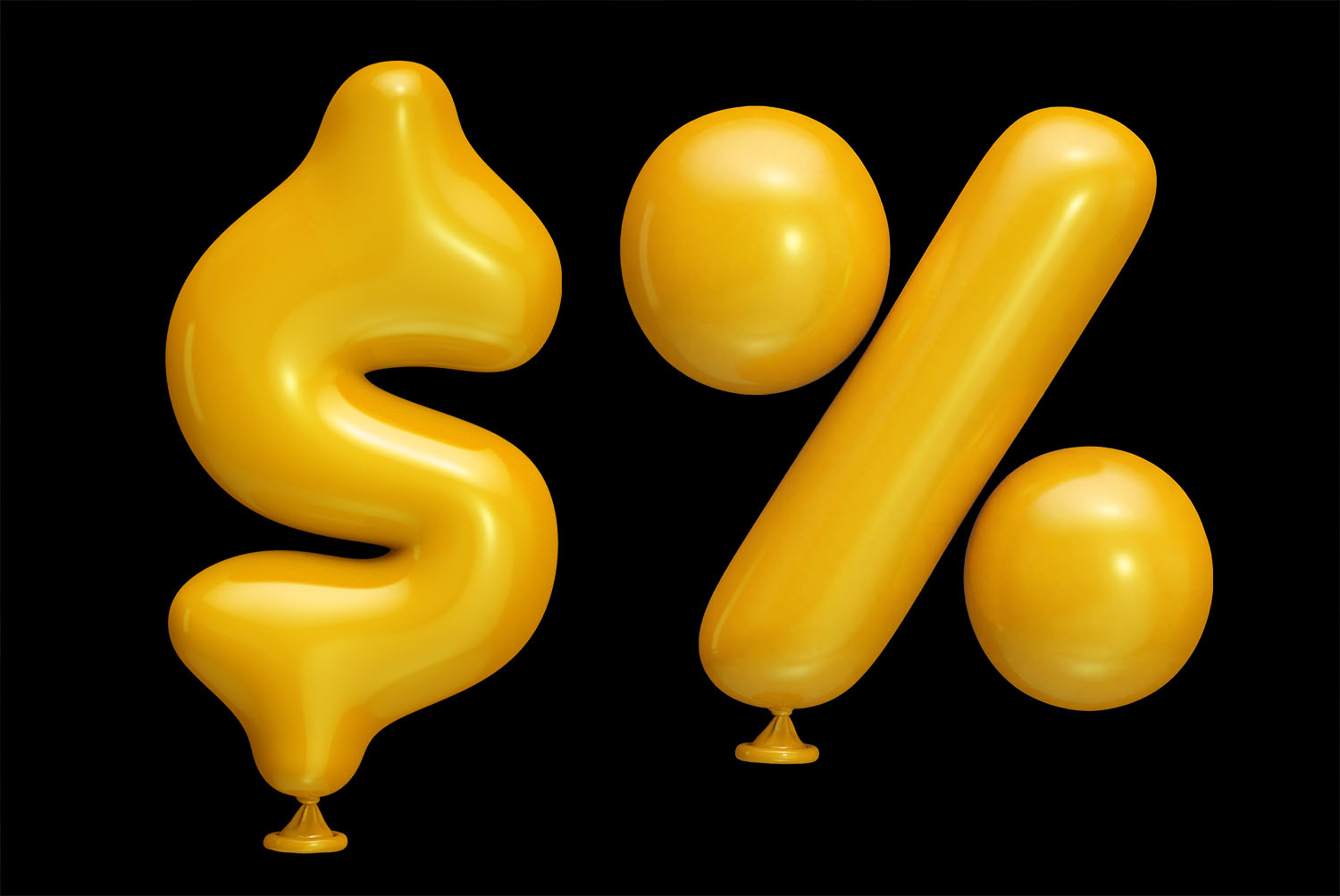 Yellow Balloon Font Dollar and Percent Dollar sign and percent sign of the Yellow Balloon Font close up on black