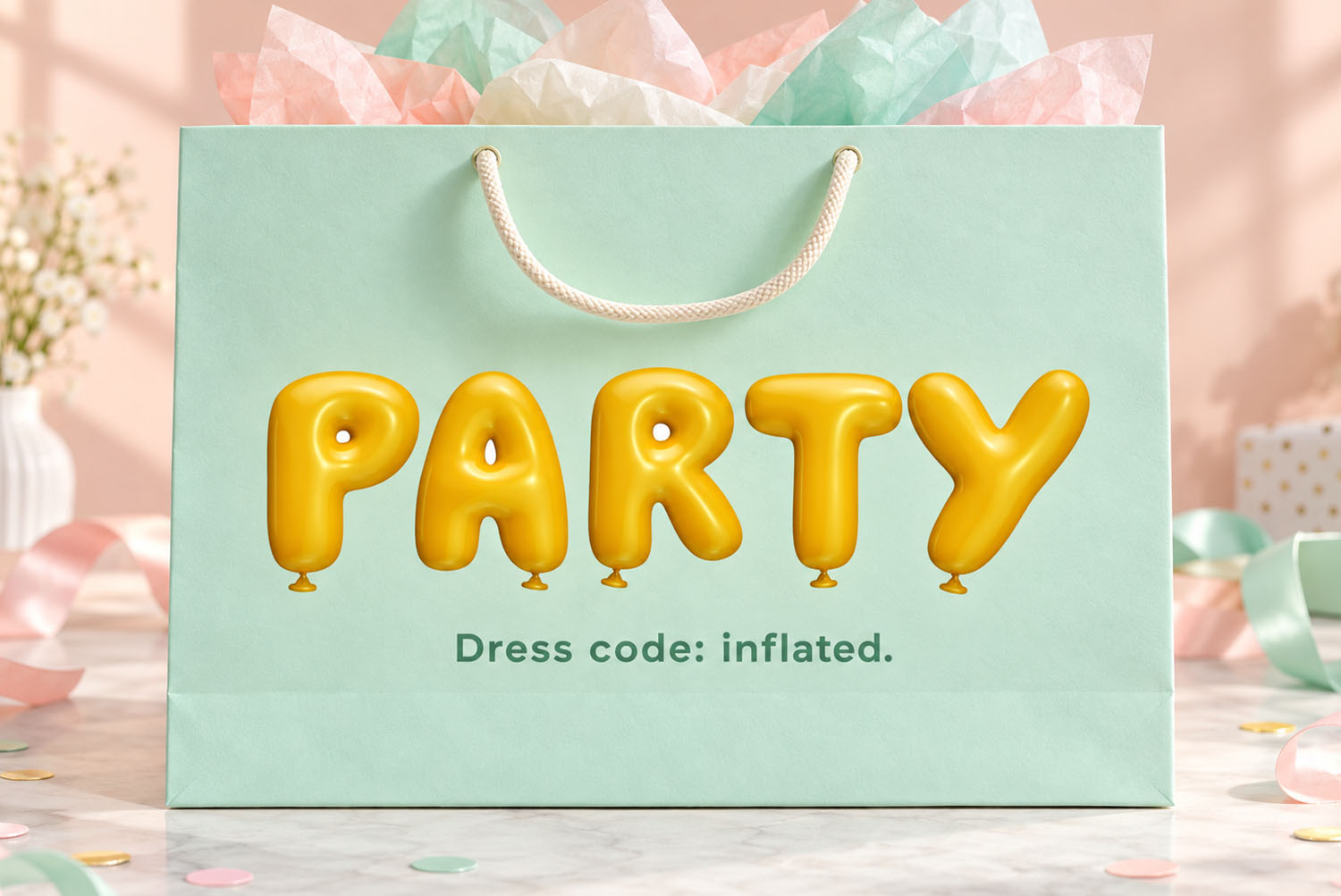 Yellow Balloon Font PARTY Gift Bag Mint gift bag with PARTY in the Yellow Balloon Font among pastel tissue paper