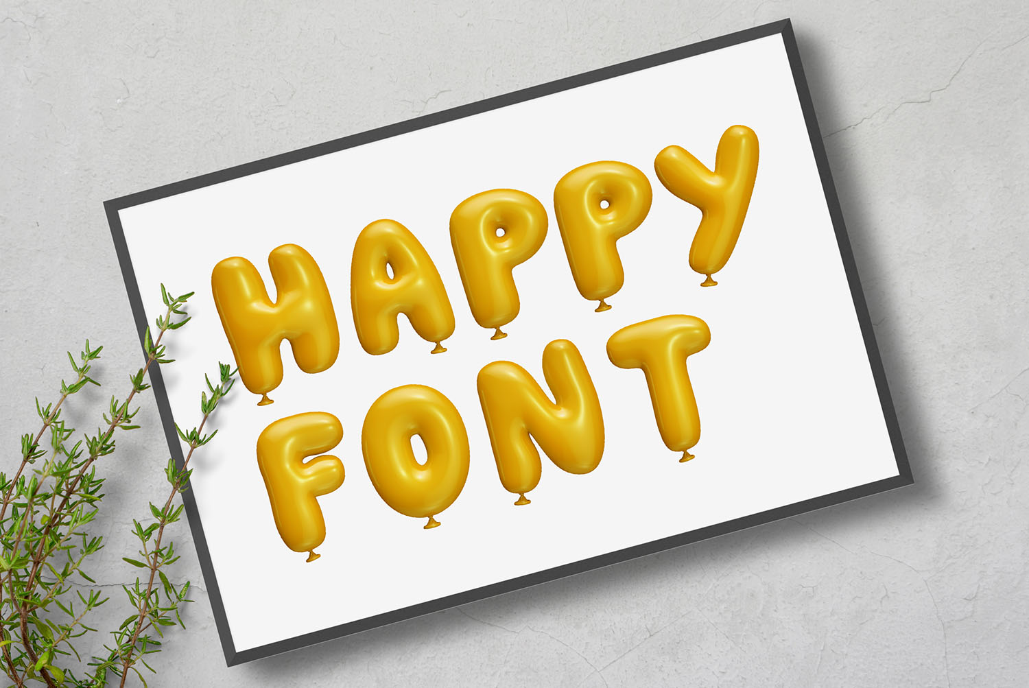 Yellow Balloon Font HAPPY FONT Frame Framed white print reading HAPPY FONT in the Yellow Balloon Font next to a green sprig