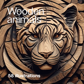 A set of 58 Wooden animals photorealistic illustrations