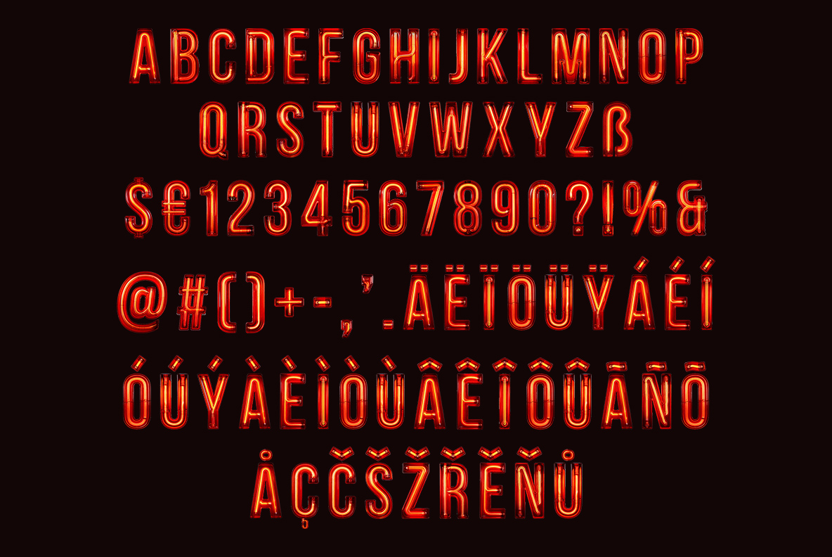 Urban Neon Font alphabet Urban Neon Font character set with numbers and symbols glowing on a black background