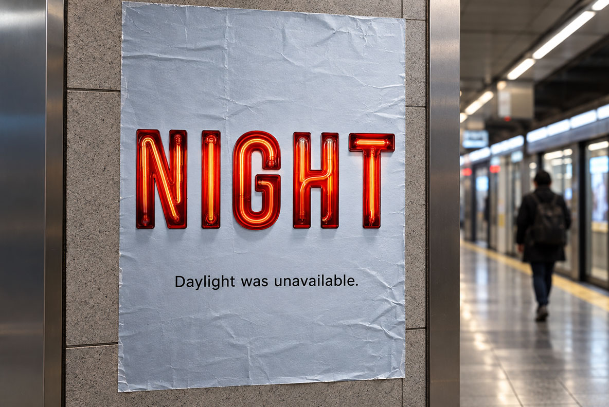 Urban Neon Font NIGHT subway poster NIGHT in the Urban Neon Font on a paper poster in a subway station