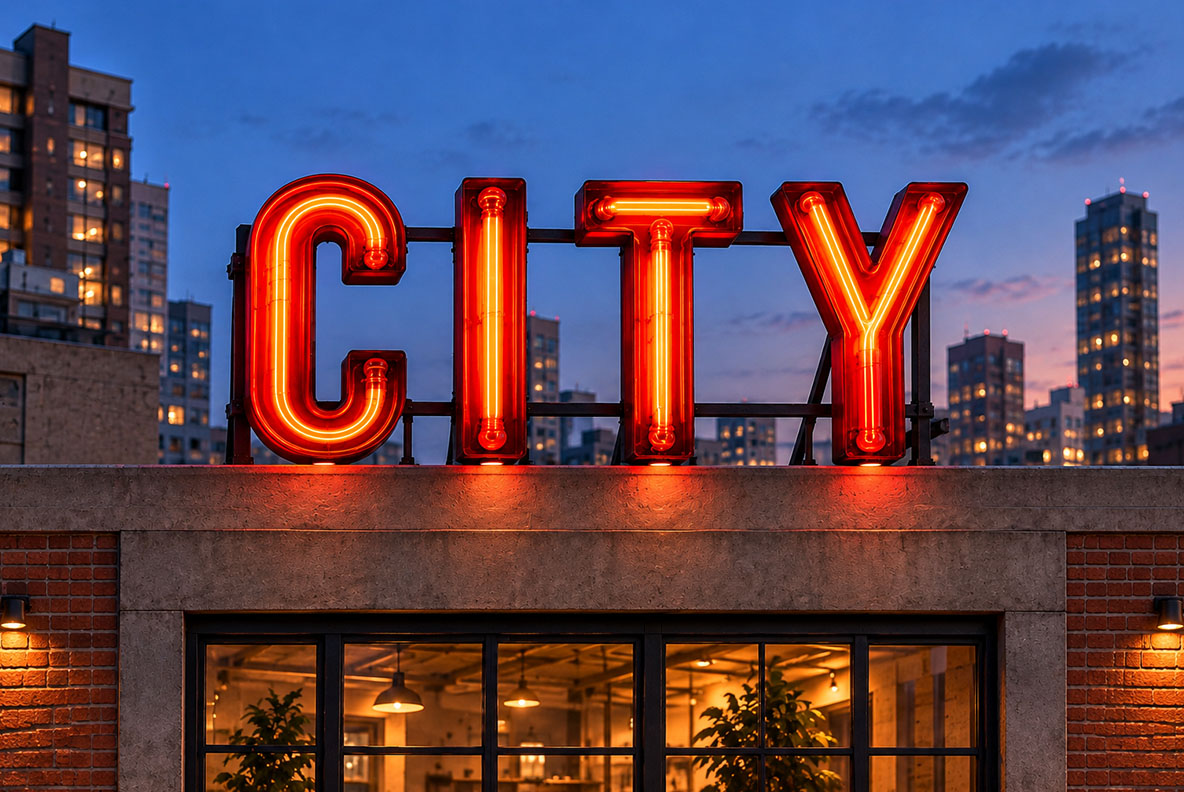 Urban Neon Font CITY rooftop sign CITY in the Urban Neon Font as a rooftop sign against a dusk skyline
