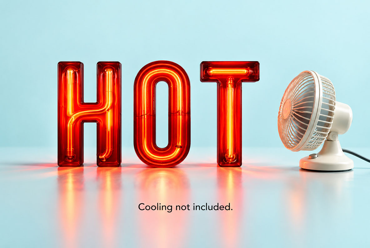 Urban Neon Font HOT with a desk fan HOT in the Urban Neon Font on a pale blue surface beside a small desk fan