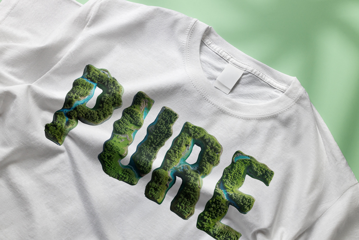 NatureForm Font on a White Shirt White shirt printed with a green word in the NatureForm Font