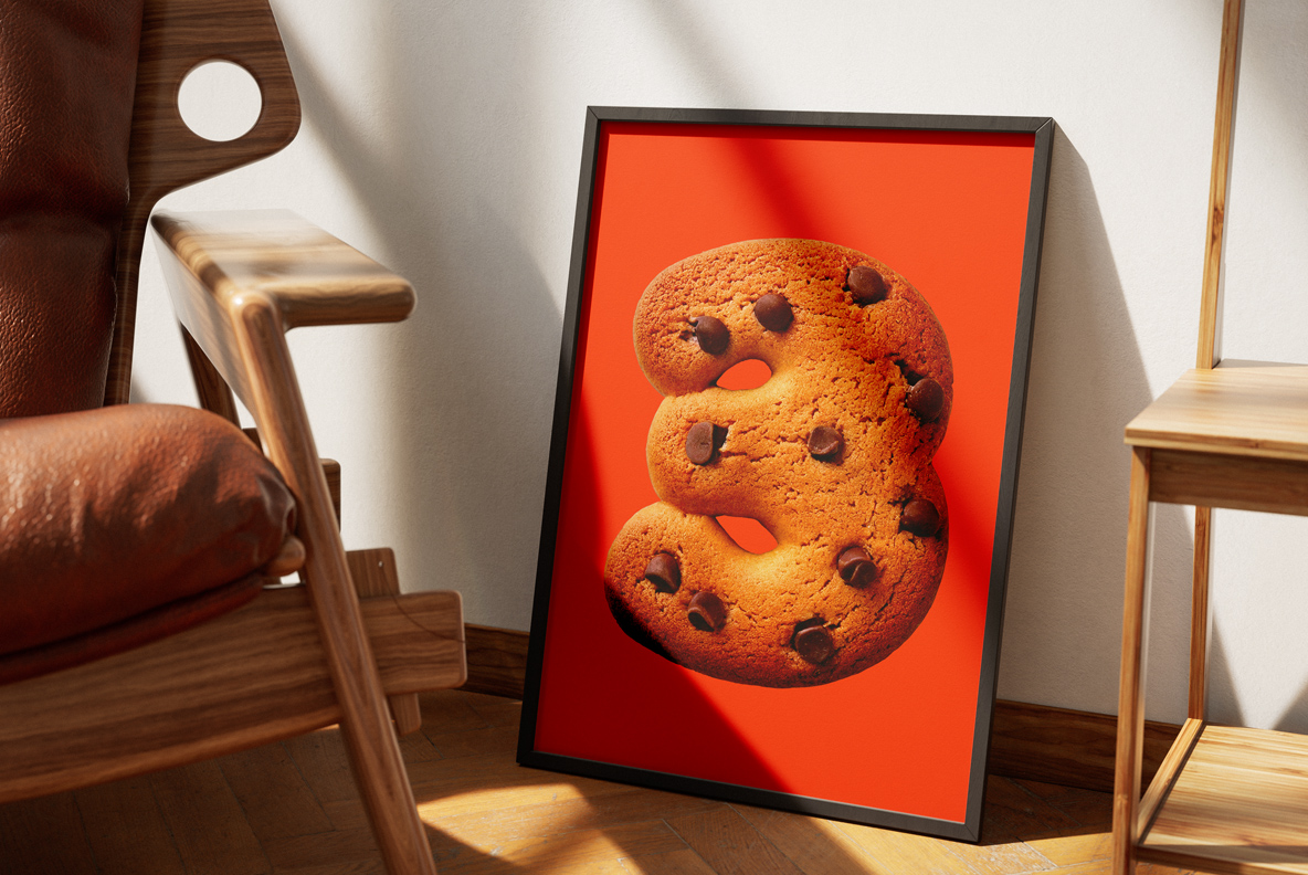 Alphabet shaped like a chocolate chip cookie, golden-brown with realistic cracks and melty chips. Soft, puffy, and playful—perfect for food-themed designs or sweet branding